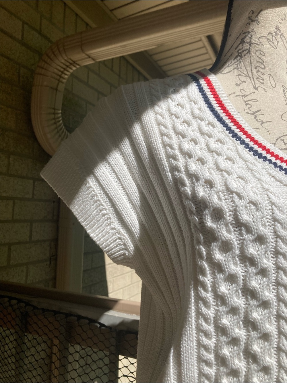 Hunter Stripe Cable Knit Stitch White Sweater Vest with Red Blue Stripe Details - Picture 7 of 17